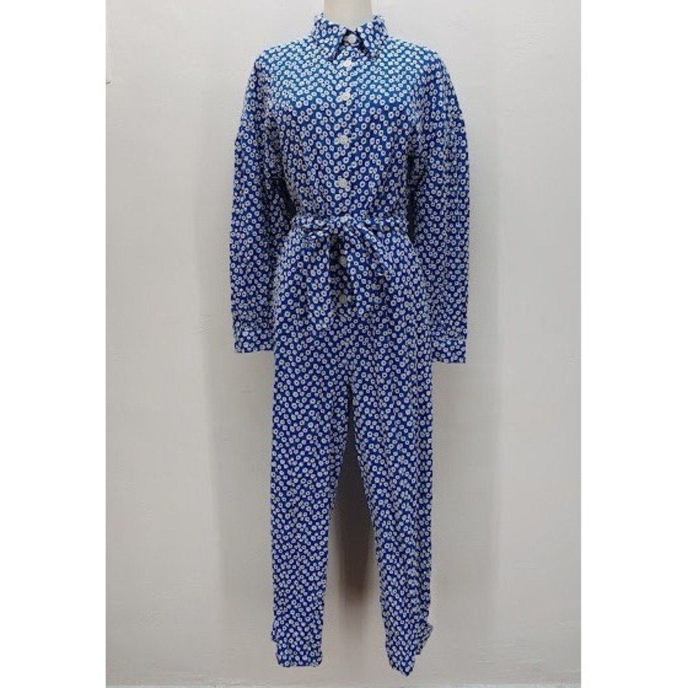 Nocturne Jumpsuit Women's Size 36 Blue Floral Eyelet Long Sleeve Belted Boho